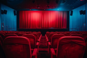 empty red velvet cinema or theater seats and stage with curtains on background.