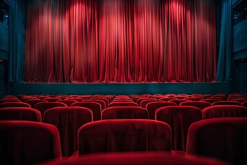 Fototapeta premium empty red velvet cinema or theater seats and stage with curtains on background.