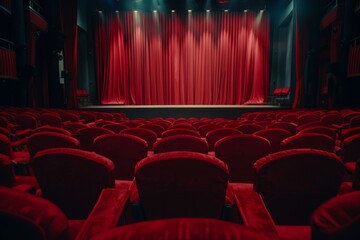 Fototapeta premium empty red velvet cinema or theater seats and stage with curtains on background.
