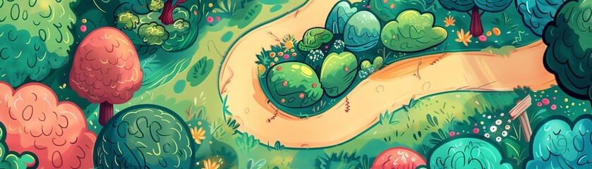 Fototapeta premium Fairy garden flat design top view theme fantasy cartoon drawing vivid