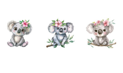 Fototapeta premium watercolor cute adorable baby koala with pink flower on head, clipart, isolated white background, clean, simple design, flat colors