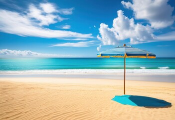 sunny beach striped beach umbrella casting long shadow summer relaxation scene, sand, vacation, sunlight, leisure, coast, seascape, outdoor, shore, sunshade, seaside