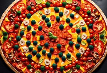 circular mosaic made pizza creative food artwork delicious toppings pattern, slices, pepperoni, vegetables, ingredients, design, craft, presentation, display