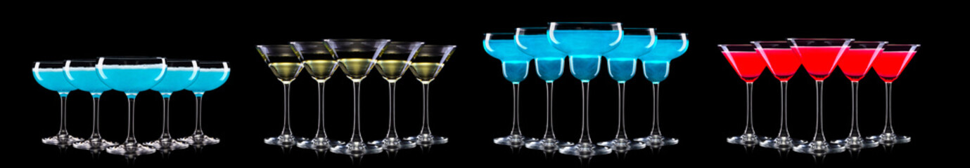 Set of different glasses for drinks and cocktails on black background