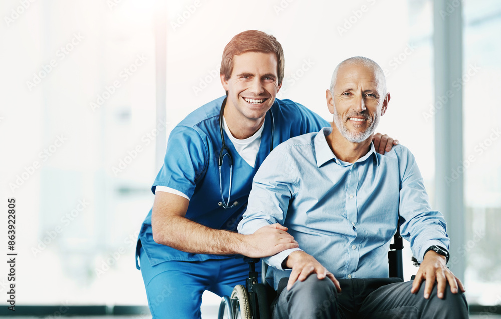 Sticker Senior care, man and nurse with a wheelchair portrait, hospital and happy for wellness consultation. Medical employee, support and healthcare or help for person with a disability, clinic and trust