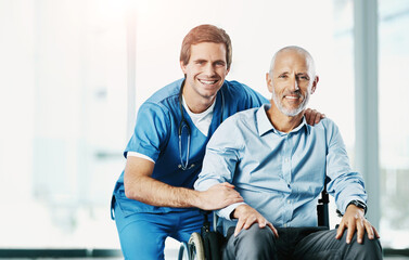 Obraz premium Senior care, man and nurse with a wheelchair portrait, hospital and happy for wellness consultation. Medical employee, support and healthcare or help for person with a disability, clinic and trust