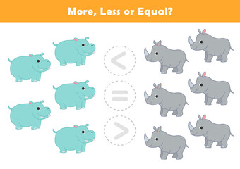 Comparison Worksheet with Cute Cartoon Safari Animals for Kids. Counting Games for Preschoolers. More or Less Worksheet for Kindergarten.