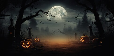Spooky Halloween Forest Illustration with Jack-O-Lanterns and Full Moon