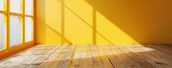 Empty room with yellow walls and wooden floor, illuminated by sunlight. Ideal for interior design, home decor, and real estate content. Free copy space for banner.