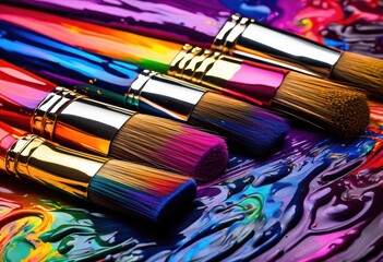 Fototapeta premium vibrant rainbow paints brushes, lgbtq, pride, colorful, love, equality, colors, spectrum, hues, painting, supplies, artist, tools, equipment, paintbrushes