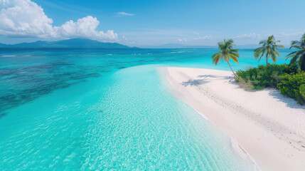  coastline with turquoise waters, white sandy beaches, and palm trees swaying in the breeze, emphasizing the tropical paradise feel- aerial view