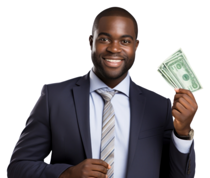 PNG Affrican american businessman portrait holding dollar.