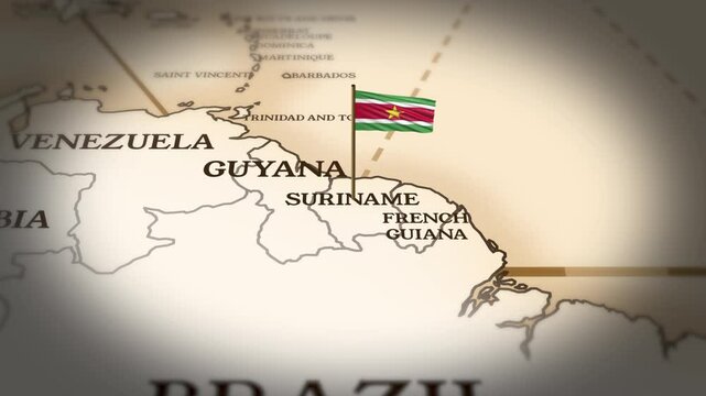 Suriname flag showing on world map with 3D rendering