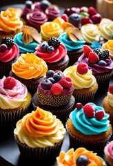 delicious gourmet cupcakes frosted sweet toppings display, tasty, dessert, icing, decorations, presentation, bakery, confectionery, sugary, appetizing
