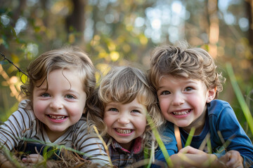 Fototapeta premium Happy smiling kids lying on the grass in the park. Happy atmosphere of cheerful. Middle Child Day, August 12