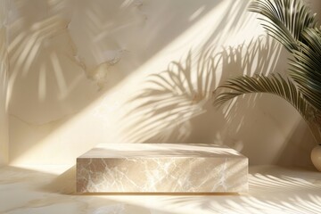 A minimalist arrangement featuring a white box perched on a marble table