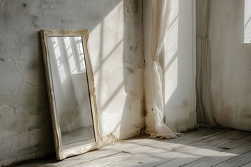 An antique leaning against a weathered white wall with sunlight shining in through the window