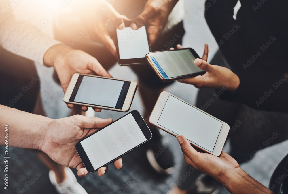 Aufkleber phone, mockup and hands of people in group for networking on social media, mobile app or internet. t