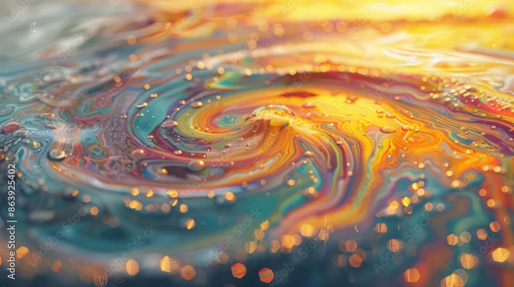 Poster abstract iridescent macro background of oil drops on water surface.