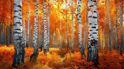 Fototapeta premium Birch forest in autumn with vibrant red and orange foliage and contrasting white bark.