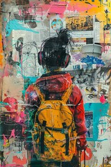 Fototapeta premium Urban Street Scene Art with Colorful Graffiti and Stylish Backpacked Individual