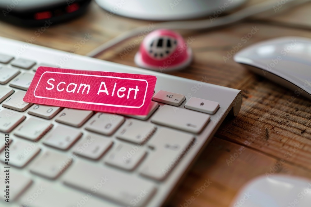 Poster scam alert keyboard key prominent in an office setup, highlighting digital security risks.