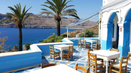 Greek culture with traditional white and blue greek architecture, taverna by the sea