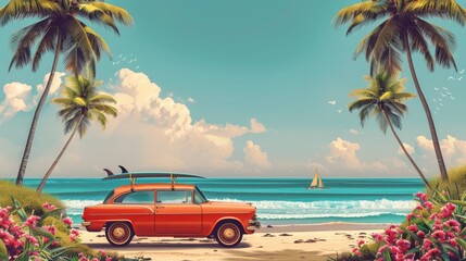 Vintage red car parked on a tropical beach with a surfboard on the roof.