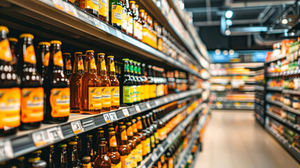 Bottles of beer on supermarket shelf