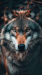 Obraz premium Close-up of a wolf with intense gaze, showcasing its majestic and wild appearance.
