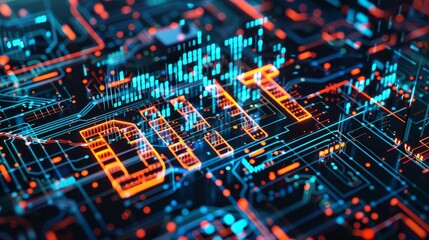 Using the circuit board, the net connection software converts huge amounts of data. In the background, the word Digital is projected.