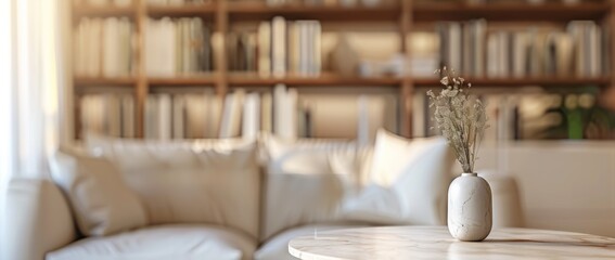 Blurred background of a modern living room interior with a beige marble table and shelf on the wall, creating a blurred bokeh effect.
