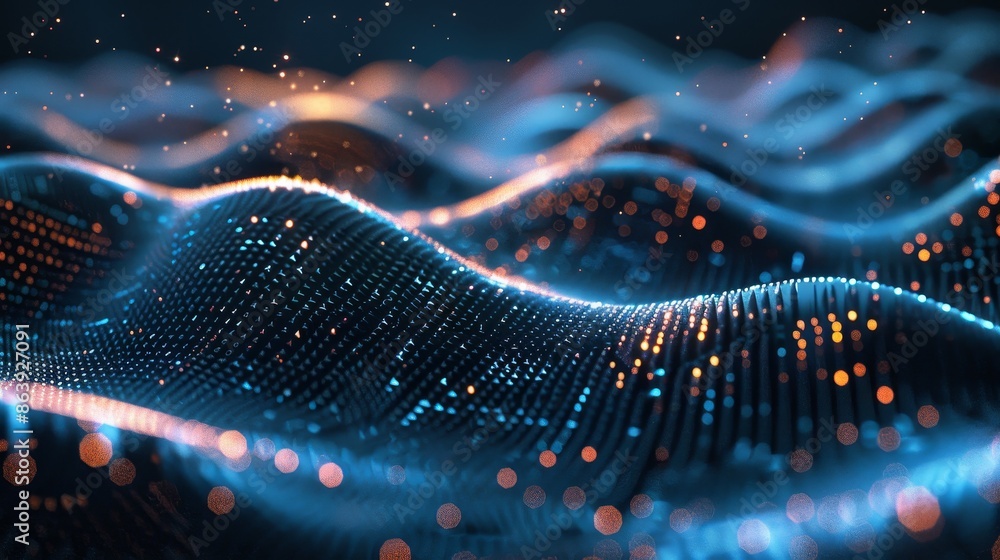Poster data transmission and internet tech in the future as visualized by binary code waves
