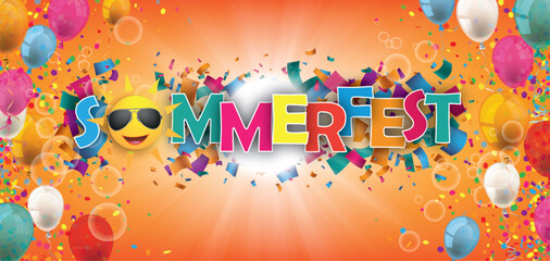 Obraz premium Sommerfest Header mit bunten Luftballons, Konfetti und Girlanden