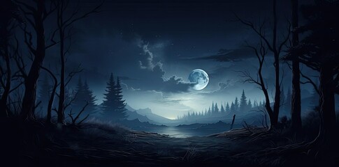 Fototapeta premium Dark Forest Night Illustration with Full Moon