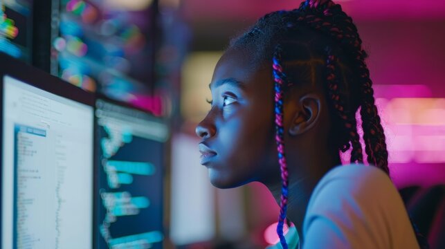 This video shows a young African American woman coding on a computer in 4K resolution
