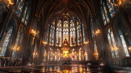 A grand cathedral interior with intricate stained glass windows and towering arches. Golden light illuminates the space, creating a sense of awe and reverence.