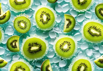 plate frozen kiwi fresh fruit dessert concept, slice, green, juicy, cold, healthy, delicious, snack, refreshing, tropical, organic, round, vibrant, bright