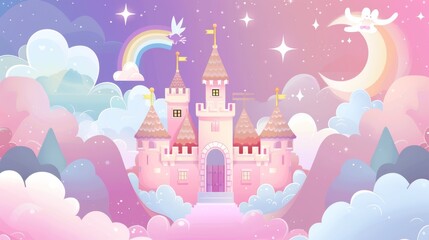 Fototapeta premium Imaginative castle in the forest. Bunnies travel. Cute city among the clouds. Room decor.