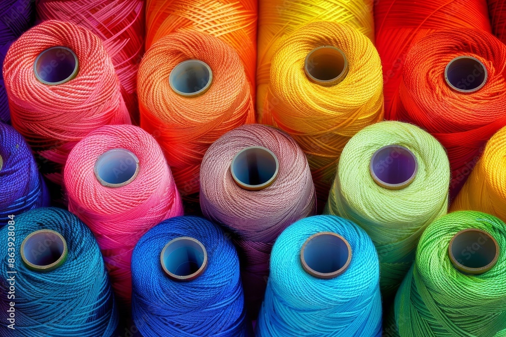 Poster assorted colorful threads for vibrant sewing projects in a beautiful array of rainbow hues