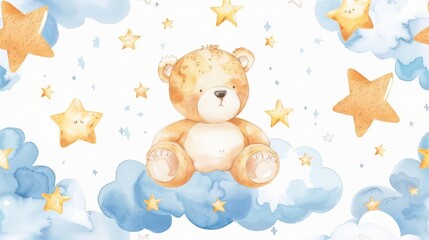The flying bear superhero is illustrated in watercolor with clouds and stars and a seamless pattern.