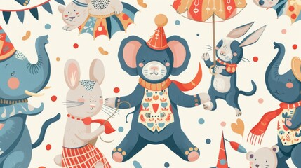Fototapeta premium Circus show. Elephant, mouse, bunny, elephant, mouse and juggling cat attending a party. Vintage seamless pattern.