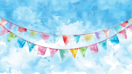 An illustration of vintage garlands with flags. A blue sky with clouds. A seamless pattern of stripes. A watercolor illustration.