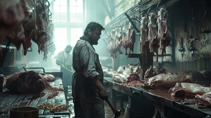 The butcher's axe rises and falls with chilling precision, sounding the eerie rhythm of animal slaughter on a medieval-inspired private farm.