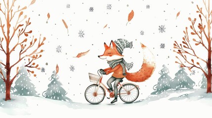 Snow-covered fox riding his bike in the winter forest. Watercolor hand drawn illustration. White isolated background.