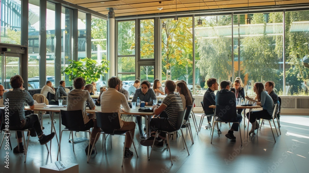 Poster the image shows a group of diverse people sitting around a table in a modern office space. they are 