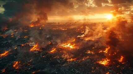 Fototapeta premium The vestiges of a once thriving rural settlement lie in ruin, a devastating fire transforming it into a barren landscape of ash and debris.
