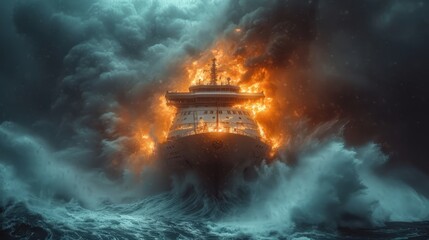 Experience the heart-wrenching moment when a passenger ship is wrecked in the open ocean during a violent storm, engulfed by fire and immense waves with no hope for the people and crew on board.