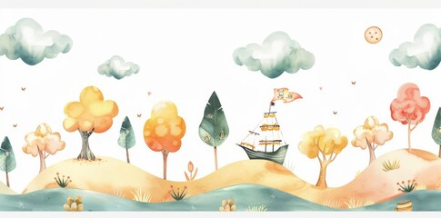 Naklejka premium In a hot air balloon, soar above the lake, hills, fields, forests, and mountains. Beautiful watercolor landscape with seamless pattern.