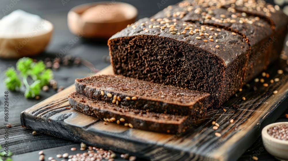 Canvas Prints Black rye bread with seasonings displayed on a cutting board on a black wooden table